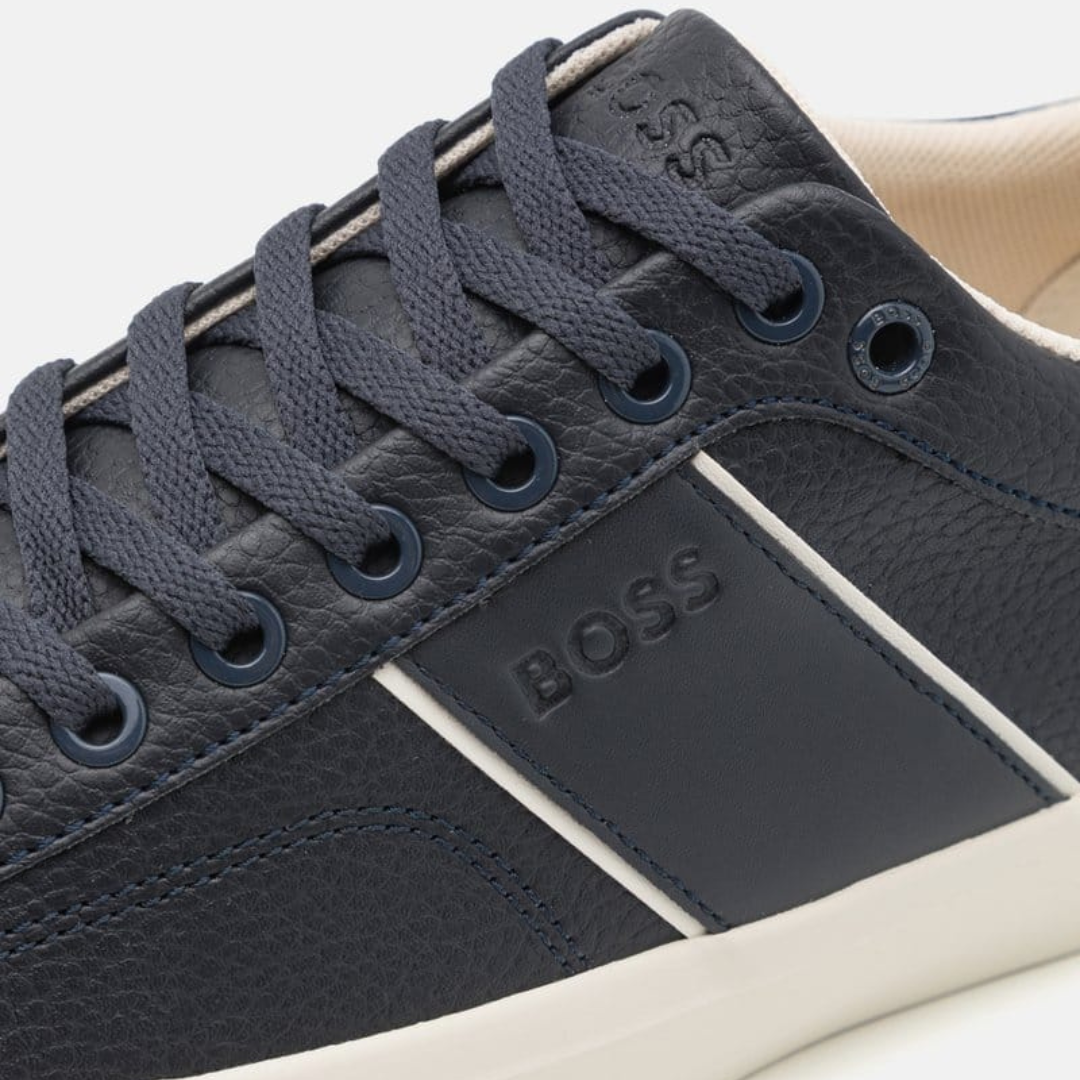 BOSS - Faux-leather trainers with grained and plain textures - Dark Blue