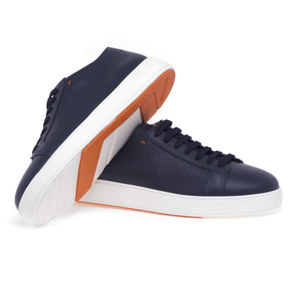 Santoni Navy Blue Leather Low-Top Sneakers