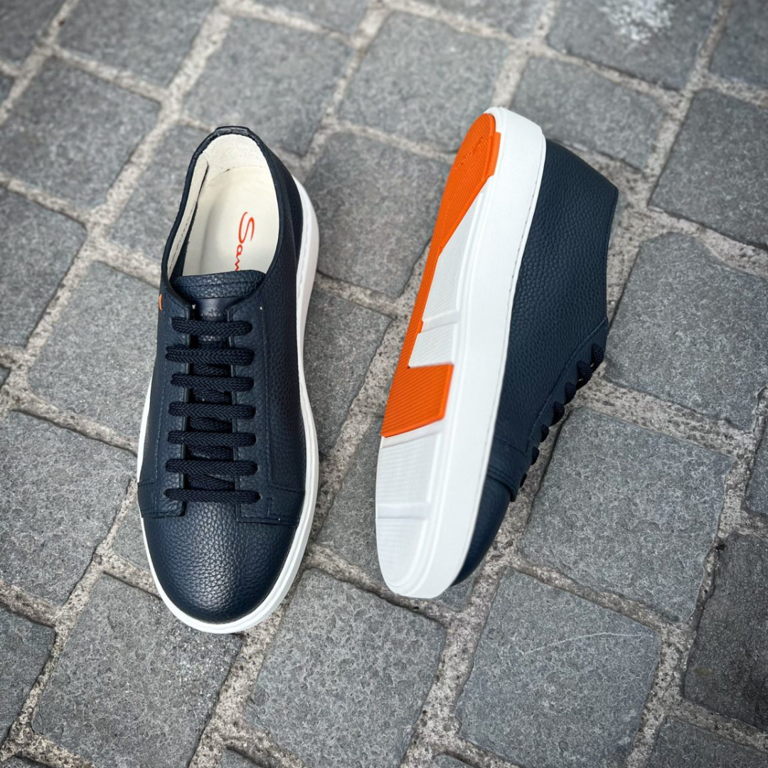 Santoni Navy Blue Leather Low-Top Sneakers