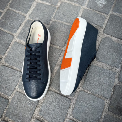 Santoni Navy Blue Leather Low-Top Sneakers
