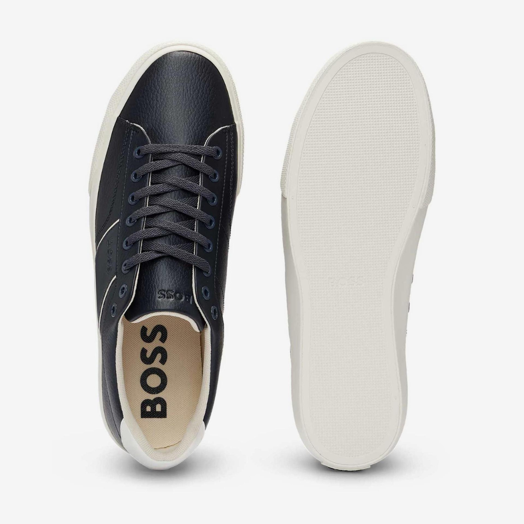 BOSS - Faux-leather trainers with grained and plain textures - Dark Blue