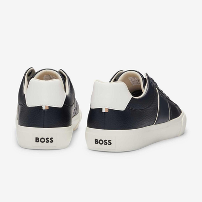 BOSS - Faux-leather trainers with grained and plain textures - Dark Blue