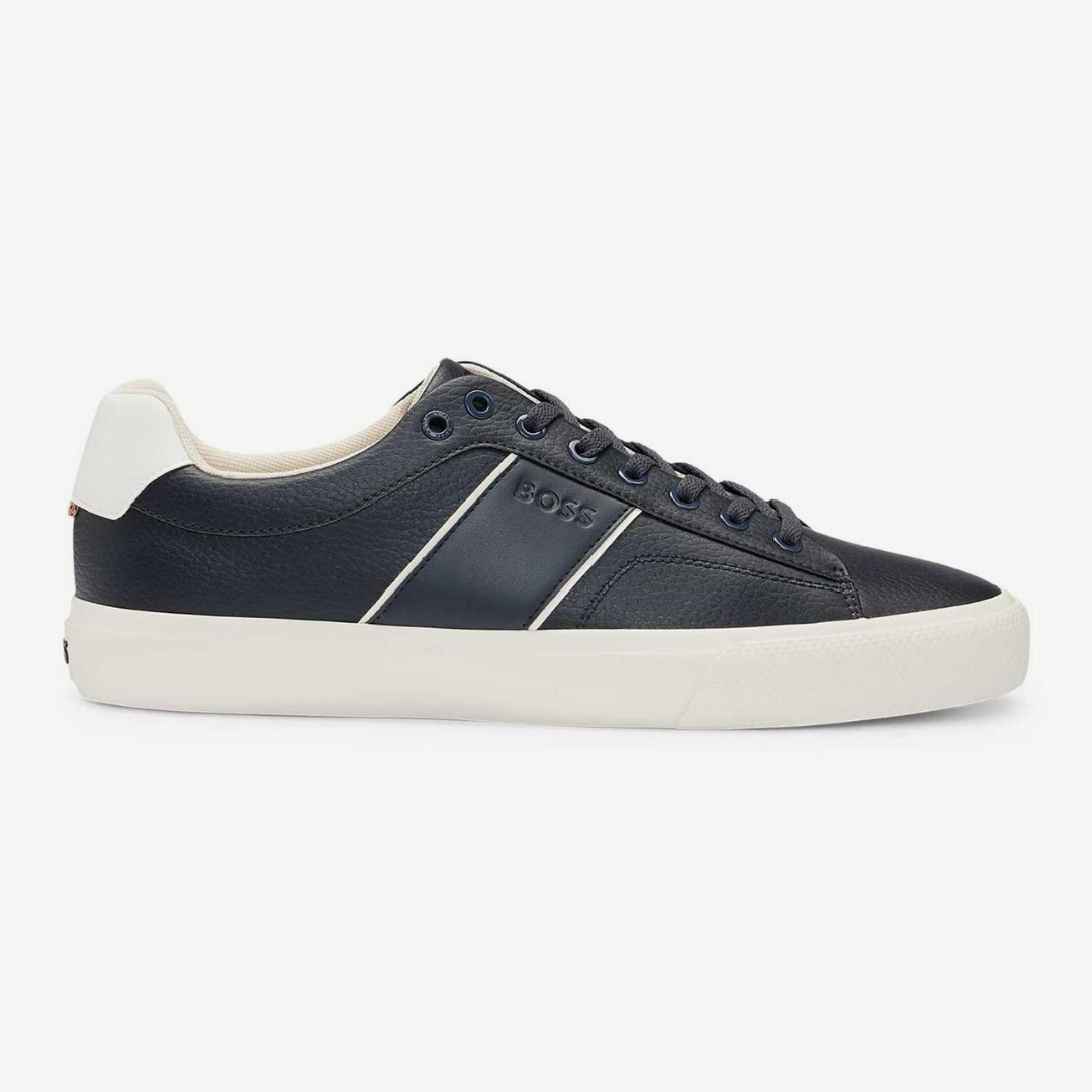 BOSS - Faux-leather trainers with grained and plain textures - Dark Blue
