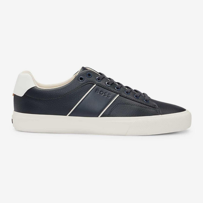 BOSS - Faux-leather trainers with grained and plain textures - Dark Blue