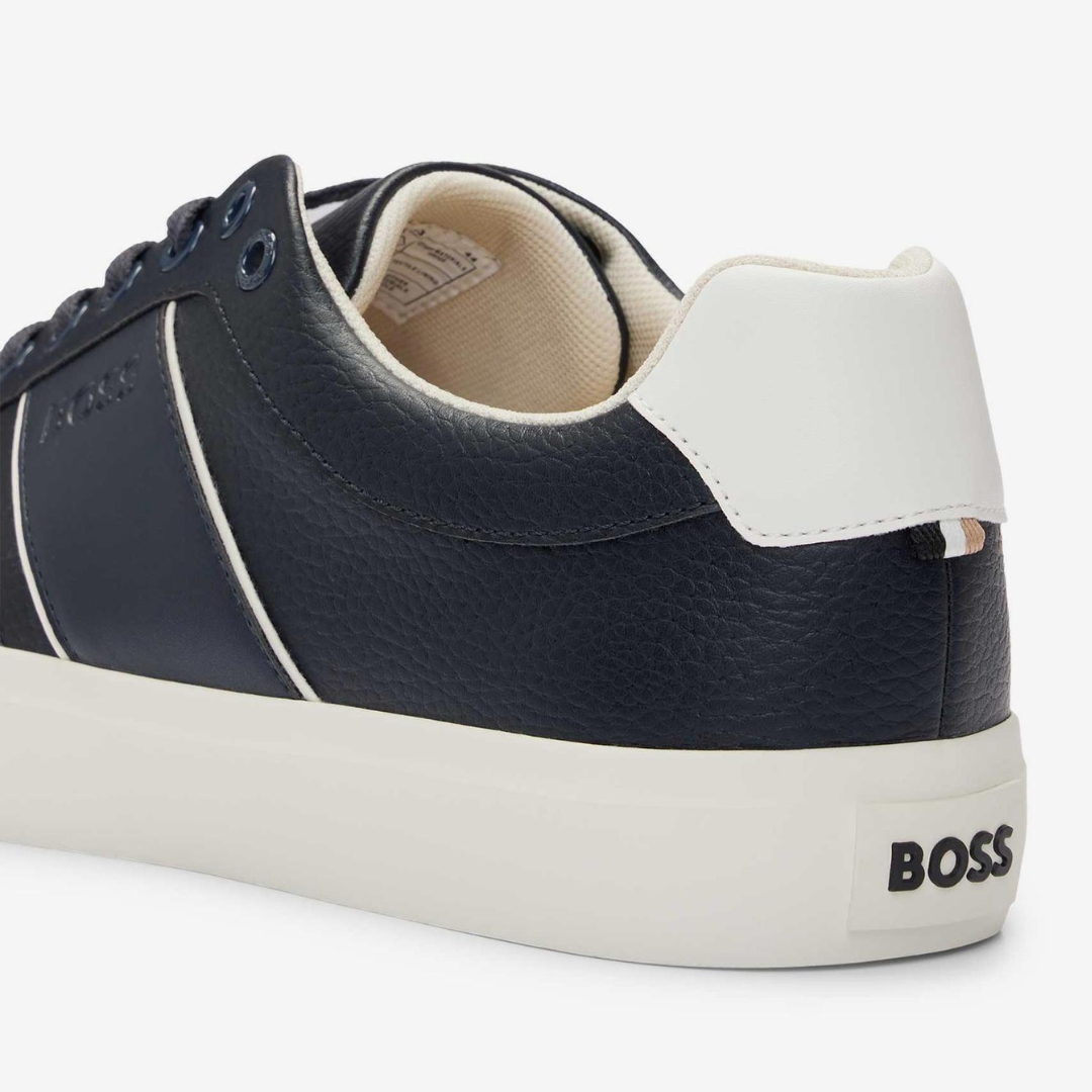 BOSS - Faux-leather trainers with grained and plain textures - Dark Blue