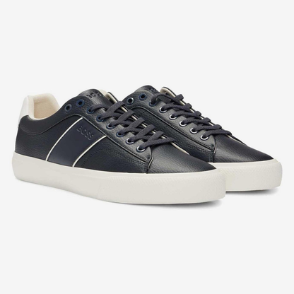 BOSS - Faux-leather trainers with grained and plain textures - Dark Blue
