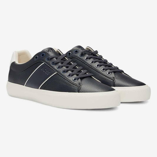 BOSS - Faux-leather trainers with grained and plain textures - Dark Blue